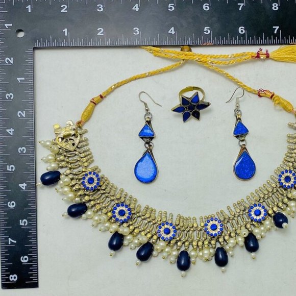 Silver Kuchi Jewelry Set With Blue Glass Stones, Vintage Boho Kuchi Handmade Tri - Picture 7 of 15